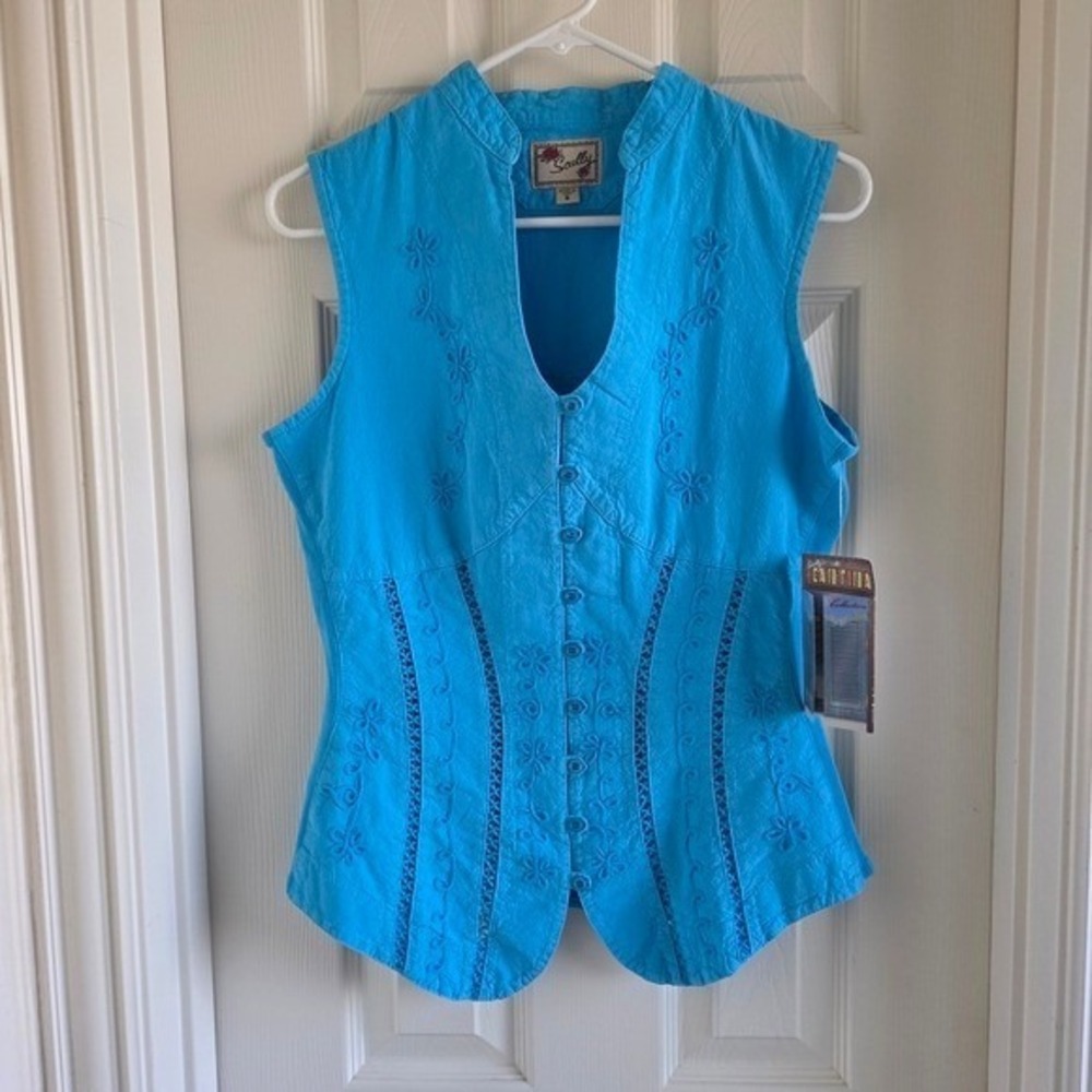 NWT Scully Cantina Collection Turquoise Floral Soutache Sleeveless Cotton Top S